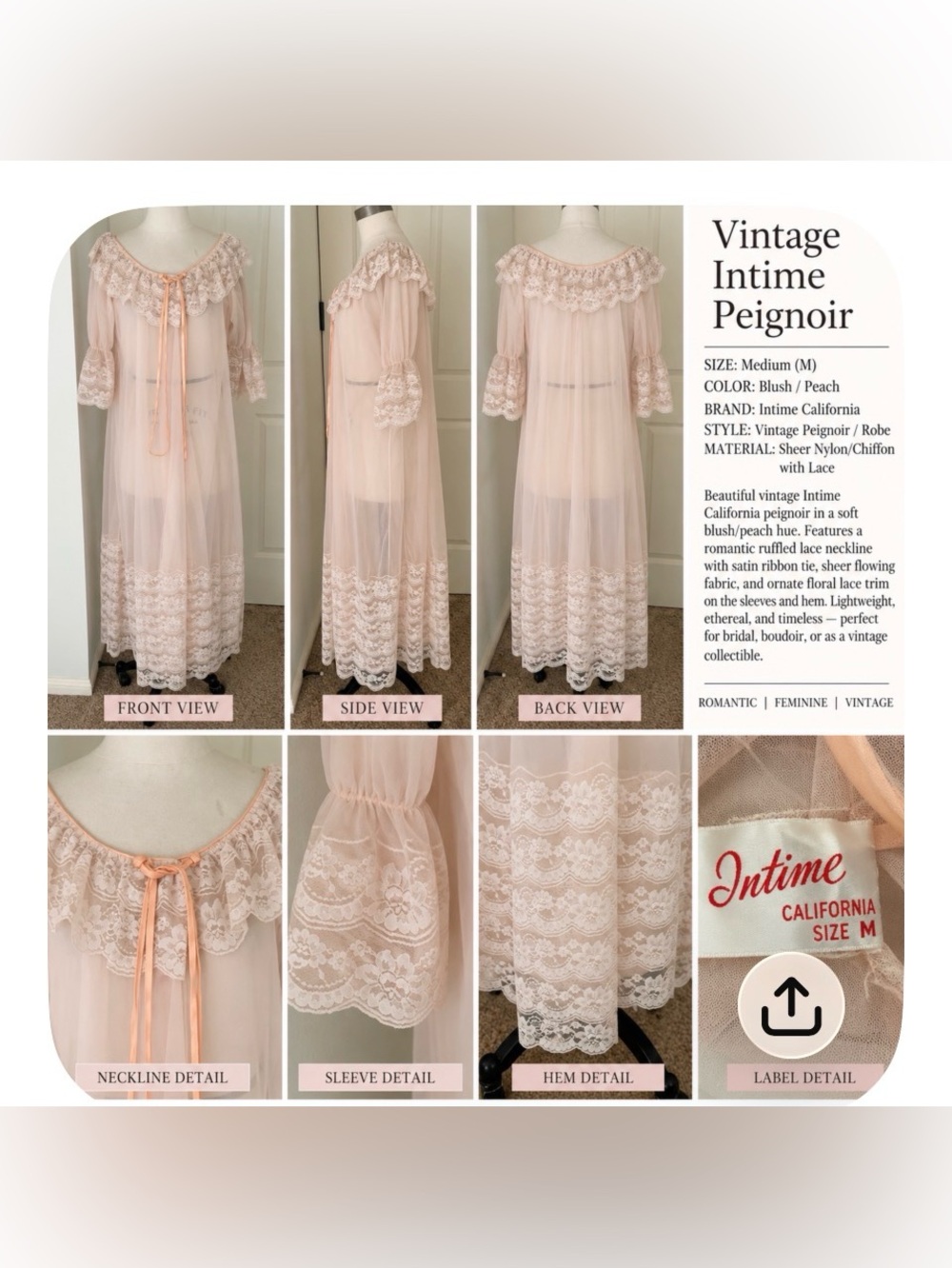Blush/Peach Vintage Peignoir Robe - Medium very rare Intime robe